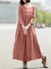 ZANZEA Casual Loose Plissee Vestidos Frauen Solide Retro Langes Kleid Mode 34 Ärmel Sommerkleid Urlaub Rundhals Robe Übergroßen 240327