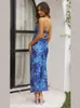 Casual Dresses Off Shoulder Satin Floral Printed Maxi Dress Lady Elegant Large Backless Sleeveless Vestidos Women Semester Party Robes