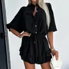 Work Dresses Elegant Commute Outfits Fashion Solid Color Casual 2pc Set Spring Summer Stand-up Collar Wrist Shirts Ruffles Short Skirts Suit