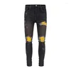 Herren Jeans Mode Hip Hop Stretch Skinny Streetwear Ripped Yellow Patch Denim Hosen Hochwertige waschbare Baumwollhose