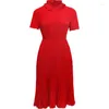 Sukienki imprezowe czerwone sukienki Kobiety Summer M-xxl 2024 stojak kołnierz z krótkim rękawem solidne kolory odchudzające eleganckie plisowane szyfonowe kolana