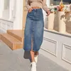 Zhisilao wysoka talia prosta dżinsowa spódnica Kobiety Vintage Split Fork Blue Long Bodycon Pencil Jean Scirt240327