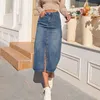 Zhisilao High Weist مستقيم Denim Skirt Women Vintage Split Fork Blue Long Bodycon Jean Jean Skirt240327