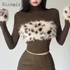 Work Dresses Leopard Pattern Plush Spliced High Neck Top Sexy Spicy Girl Color Contrast Wrap Hip Short Skirt Two Piece Set For Women