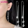 Kolczyki Dangle 925 Sterling Srebrna biżuteria Moda Square Kostka Cubic Cyrcon Stone Tassel Pendientes for Women Girls