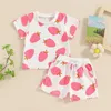 Ensembles de vêtements pour bébés filles, tenue 2 pièces, imprimé fraise, T-shirt à manches courtes, short élastique, ensemble de vêtements d'été mignons