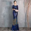 Robes sexy urbaines wei yin AE0370 robe de soirée bleue longue scintillante demi manches col rond femmes élégantes paillettes sirène Maxi robe de soirée yq240327