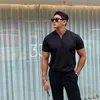 Summer Men Busin Causal T-shirt Beach Fi Thin Stand Collar Solid Tee V-Neck Breattable Fitn Korean Streetwear Tops F20N#