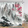 Douchegordijnen Chinese Japanse Kersenbloesem Inkt Schilderij Gordijn Landschap Golven Art Creatieve Polyester Bad Badkamer Decor