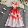 Casual Dresses High Quality Luxury O-Neck Tie Dye Print Dress for Ladies Party Slim Midje ärmlös stor sväng elegant lång