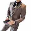Куртки + жилет + брюки Мужские высококачественные шерстяные деловые костюмы / Мужские повседневные пиджаки / Мужские однотонные свадебные костюмы жениха Dr l9Ew #