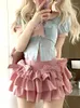 Abiti da lavoro Lolita Kawaii Set da due pezzi Donna Estate Minigonne da festa in stile college giapponese Abito Blu Navy Colletto Camicetta Gonna rosa torta