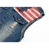 Väst för män skarvade USA Flag Demin Waistcoat Mens Jackets Fi Boy Jeans Streetwear Casual Biker Vintage Frayed Pocket Coats O2BF#