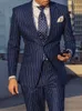 Blue/Black Striped Men Suits Groom Wear Notch Lapel Two Butts 2 قطعة Groom Tuxedo Busin Party Suit