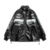 Lettre américaine Brodée Moto Veste à glissière Printemps et automne High Street Hip-Hop Lâche PU Cuir Racing Manteau 70Po #