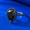 Cluster Rings S925 Silver Ring 7 11 Pear Shaped Water Drop Black Zircon Vintage Simple