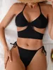Women's Swimwear 2Pcs/Set Women Bathing Suit Black Backless Pads Bikini Set Halter Triangle Bra Side Tie Thong Clothing