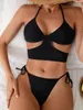 Mulheres Swimwear 2 Pçs / Set Mulheres Maiô Preto Backless Pads Bikini Set Halter Triângulo Bra Side Tie Tanga Roupas