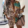 Kvinnors spårningsdräkter Fashion Buttons Stripe Shirts and Shorts Two Piece Set Women 2024 Summer Casual Leopard Print 2 Set for Tops Femme