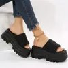 2023 Summer Brand Women Single Band Platform Sandaler Black Nylon Y Wedges Slipper 240318