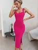 Casual Kleider Rose Red Bandage Kleid Sommer Frauen Elegante Strap Midi Abend Party Sexy Split Bodycon Geburtstag Club 2024