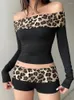 Mulheres Camisetas Rockmore Leopard Imprimir Patchwork Crop Top para Mulheres Y2K Estética de Ombro Manga Longa Grunge Fairycore Roupas