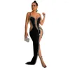 カジュアルドレス5pcsバルク卸売女性ラインストーンイブニングドレスセクシーなスパゲッティストラップマキシパッチワークメッシュシアーロングスカート衣装9860