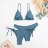 Mulheres Swimwear Sexy 3 Peça Bikini Set Mulheres Sólido Azul Roxo Push Up Bandage Triângulo Swimsuit Brasileiro Praia Banheira Terno Swumwear