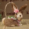 Storage Baskets Straw Rabbit Decoration Filled Eggs Basket Straw Easter Rabbit Decor Ornament Bunny Figurine for Indoor Outdoor Spring Decor