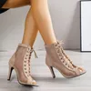 Women Fashion Show Net Tyg Cross Strap Sexy High Heel Sandals Woman Shoes Pumps Laceup Peep Toe Casual Mesh 240312