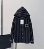 24 Women's Hooded Casual Shirt Flocking Patch Bag Low key Fashion Exclusive Development Striped Linen Fabric 326