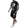 Ensemble de shorts à manches courtes à col rond pour hommes d'été avec impression de crâne 3D fi décontracté cool persalité T-shirt ensemble de sport 03LV #