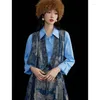 Vestidos de trabajo Primavera Chino Hanfu Retro Moda Vaquero Jacquard Patrón oscuro Pequeño chaleco Cara de caballo Falda Conjunto Mujeres Dos piezas