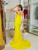 Casual Dresses Missord Yellow Long Party Dress Women Elegant Spaghetti Strap Ruched lår Split bodycon Maxi Mermaid Prom Evening Gown