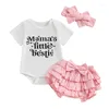 Ensembles de vêtements 2024-03-04 Lioraitiin enfant en bas âge bébé fille ensemble d'été col rond manches courtes lettre imprimée barboteuse ourlet superposé Shorts bandeau tenues