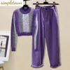 Calças femininas de duas peças estilo coreano outono roxo camisola de malha pulôver casual harun elegante conjunto rua