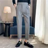 Britischer Stil Herren High-Waist-Hosen Gürtel Design Solid Color Slim Hose Formale Büro Soziale Hochzeit Party Dr Anzug Hosen b2cv #