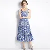 Casual Dresses Teen Fashion Girl Spaghetti Strap Vacation Vestido Feminino Ruched Big Swing Sexig backoff Graceful Floral in Blue Color