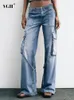 Jeans da donna VGH Pantaloni in denim con tasca patchwork solido per le donne Pantaloni a vita alta con lacci impiombati Pantaloni larghi a figura intera Abiti di moda femminile