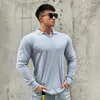 Polos masculinos homens camiseta com decote em v turndown colarinho manga longa elástico algodão teetops elegante camiseta 2024 outono casual sólido roupas masculinas