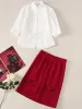 Tweedelige set lente hoge kwaliteit mode feest wit shirt top vintage rode slanke mini-jurk halve rok chique sexy damessets