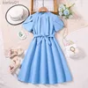 Girl's Dresses New Designed Classic Blue Short-Sleeved Dress Belt Cute Elegant Stylish Princess Girl Dress Vacation Party Daily Casual Style yq240327