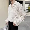 Camicie casual da uomo Top con ritaglio all'uncinetto Camicia a maniche lunghe scollata retrò con colletto rovesciato Tasca sul petto Streetwear Stile club per