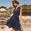 Vestidos casuales Dot Midi V Cuello Tallas grandes para mujeres 2024 Elegante Playa Ruffle Sin mangas Una línea Vestido de sol Vestidos