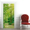 Adesivos floresta na luz solar porta adesivos papel de parede primavera madeiras porta adesivo mural árvores naturais grama verde decalques casa decoração do quarto