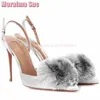 Sandals 2024 Velvet Fur Ball Pointed Toe Stiletto High Heel Back Strap Sexy Women Shoes Summer Banquet Party Runway Fashion