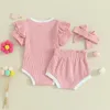 Ensembles de vêtements d'été pour bébés filles, tenues de couleurs contrastées, barboteuse à manches courtes et Shorts, vêtements mignons avec bandeau