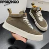 Casual Shoes Rubber Sole High Sneakers Boots Brown Skate Lace Up Booties Cow Leather Top Street Style Sport Athletic Flats Men Trainers