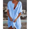 Chemisiers pour femmes chemise longue à manches courtes été bord de mer vacances plage bikini maillot de bain couverture couleur unie décontracté bouton ample T-shirt