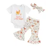 Set di abbigliamento Completi estivi per neonata Stampa di lettere Pagliaccetti a maniche corte Pantaloni svasati gallina Fascia per capelli Set di vestiti da 3 pezzi